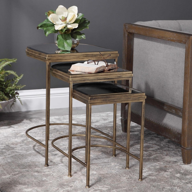 Nesting Tables Arched Frame Distressed Gold Finish Black Glass Tops