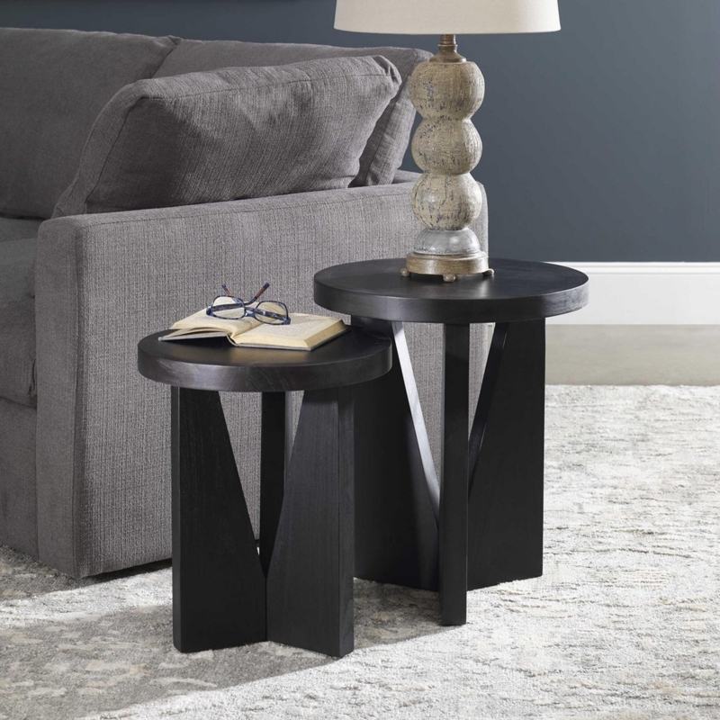 Nesting Tables Architectural V-Legs Dark Charcoal Wood Round