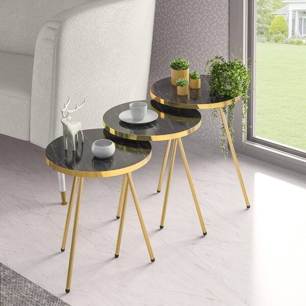 Nesting Tables Black Marble Effect Round Gold Tripod Legs Glam Set