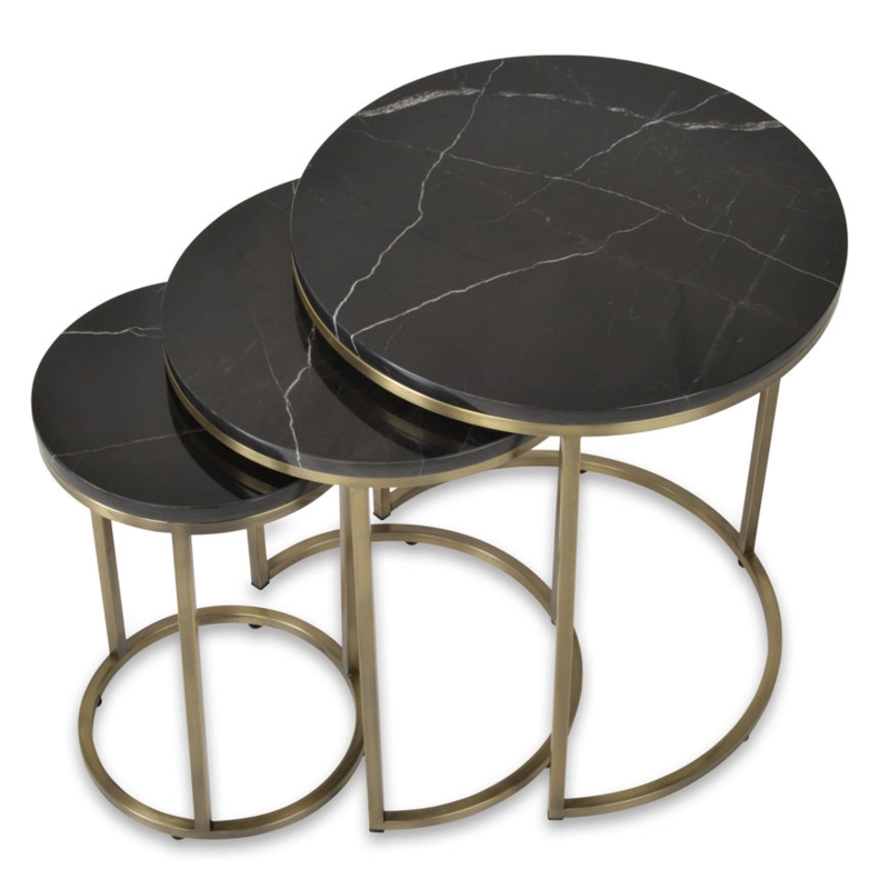 Nesting Tables Black Marbled Top Gold Round Frame Set of 3
