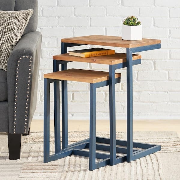 Nesting Tables C-Shaped Blue-Gray Metal Frame Wood Tops Industrial Set