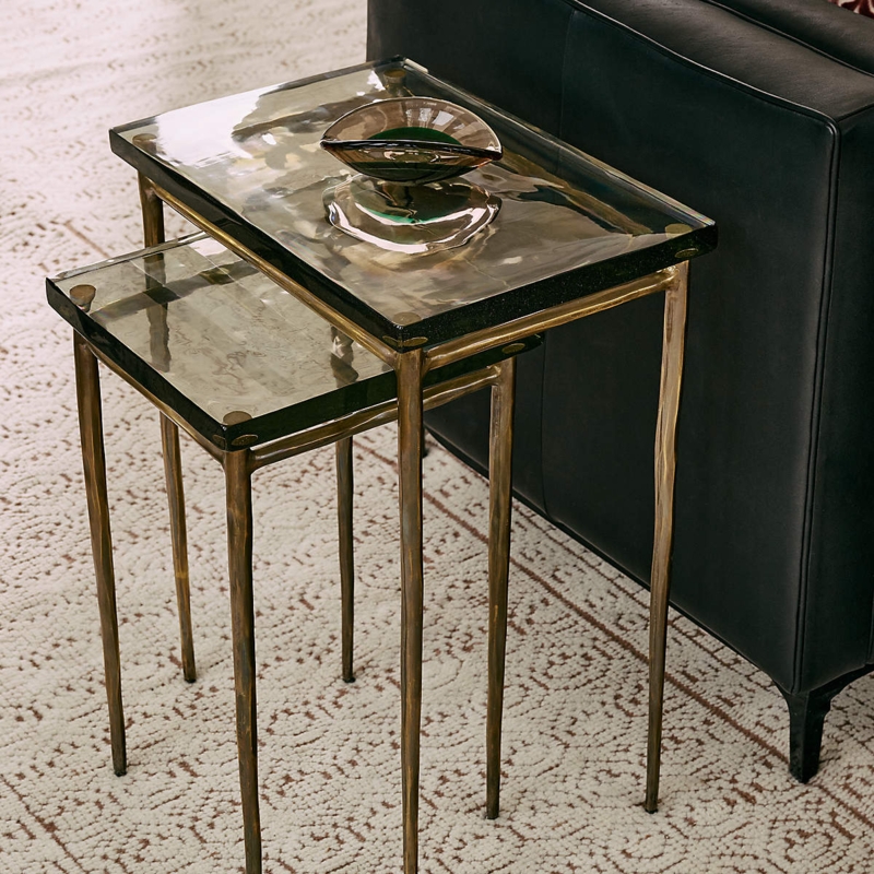 Nesting Tables Cast Glass Top Hammered Brass Set Modern Artisanal
