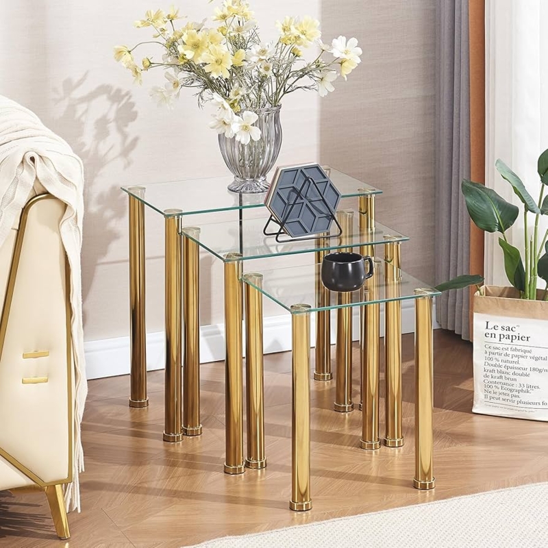 Nesting Tables Clear Glass Tops Gold Cylindrical Legs Luxury Side Set