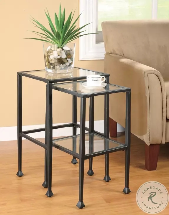 Nesting Tables Glass Top Two-Tier Shelf Metal Frame