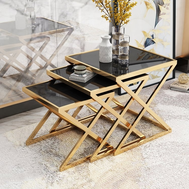 Nesting Tables Gold X-Base Geometric Frame Black Glass Trio