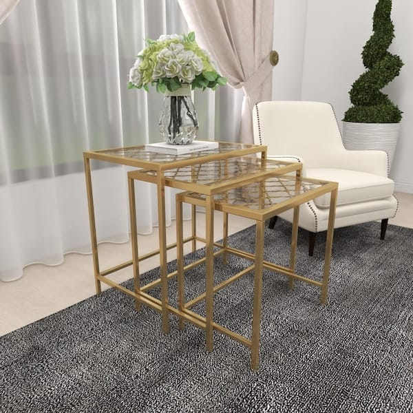 Nesting Tables Patterned Glass Tops Metal Frame Set of 3