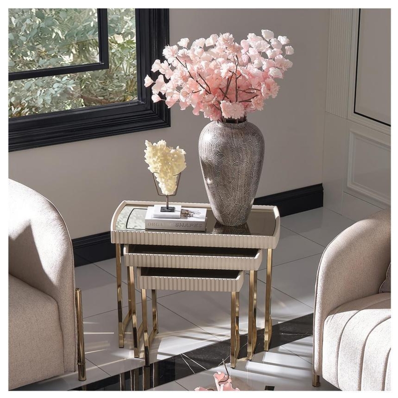 Nesting Tables Reeded Cream Gold Legs Mirrored Top Glam Set