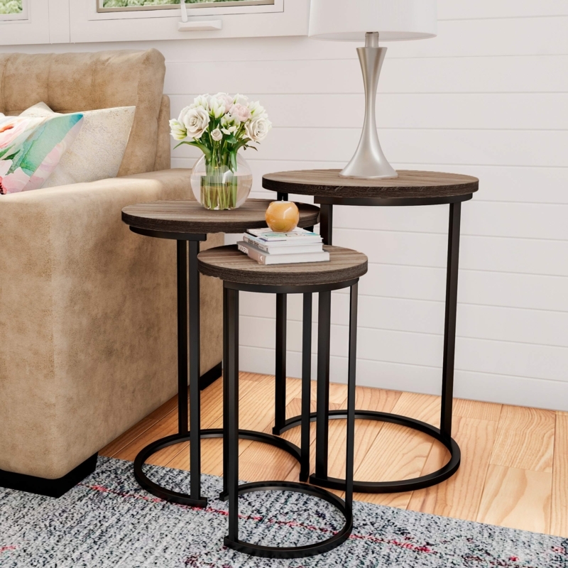 Nesting Tables Round Woodgrain Look Black Metal Frames Industrial Set