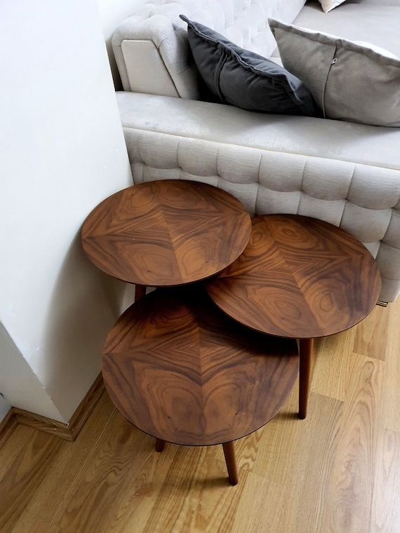 Nesting Tables Starburst Veneer Mid Century Walnut Round Set