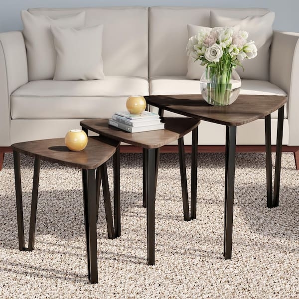 Nesting Tables Triangular Wood Tops Black Tapered Legs Mid-Century Set