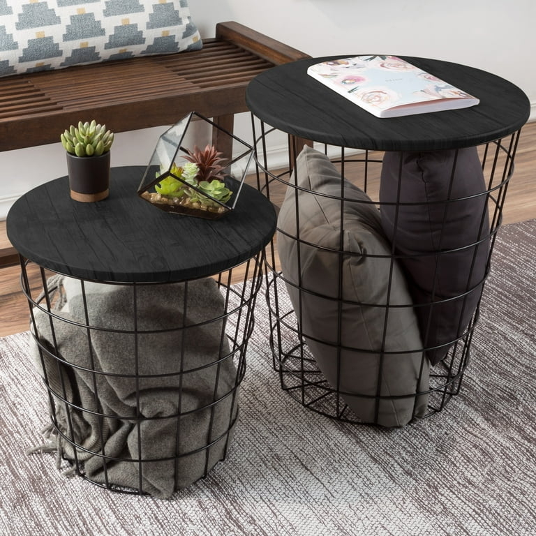 Nesting Tables Wire Basket Storage Base Wood Top Set