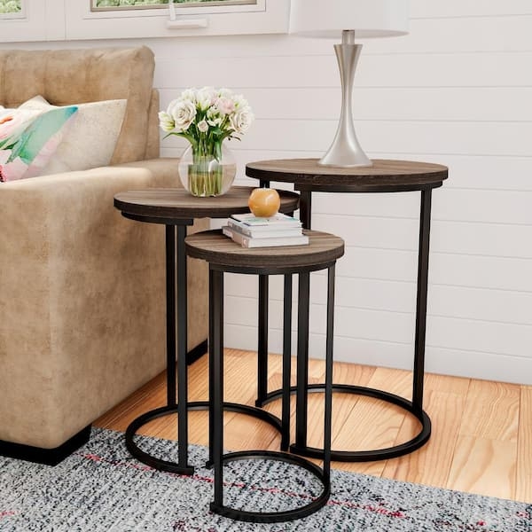 Nesting Tables Woodgrain Round C-Shaped Frame Set of 3