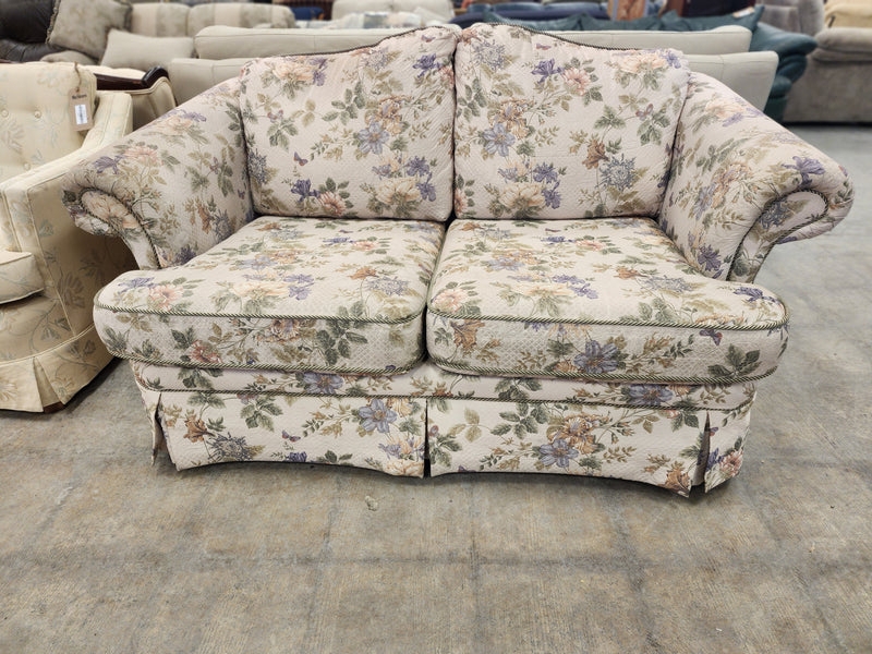 Neutral Botanical Print Sofa, Beige Skirted Base with Rolled Arms