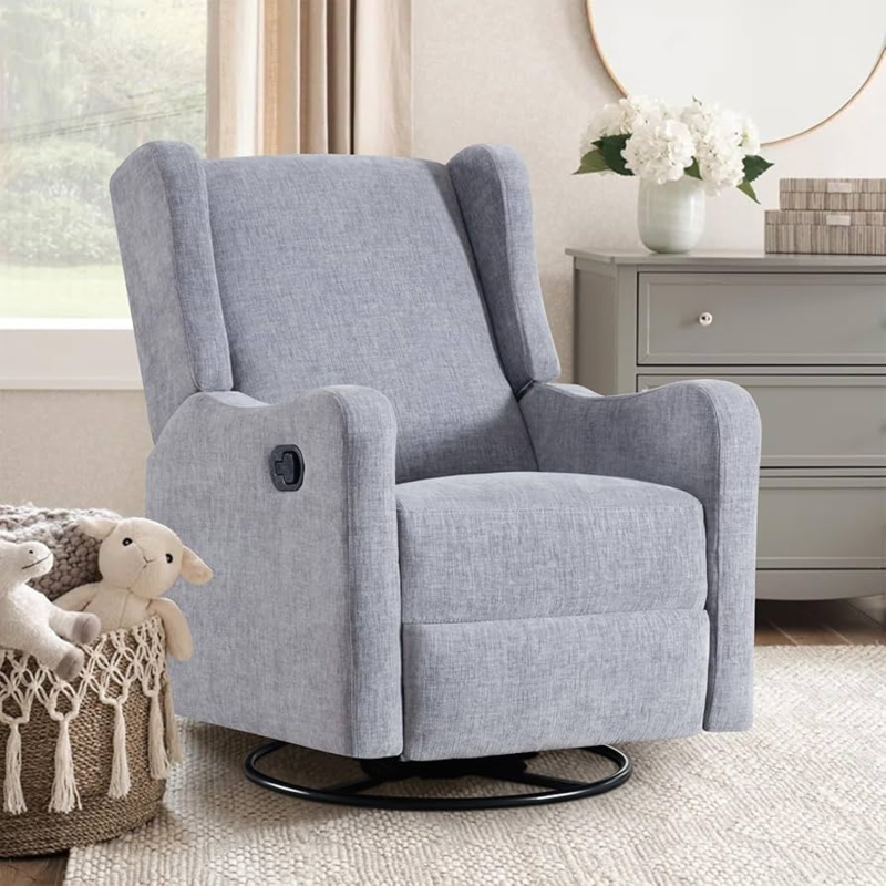 Nursery Glider Recliner with Wingback Sides and Textured Chenille Fabric.