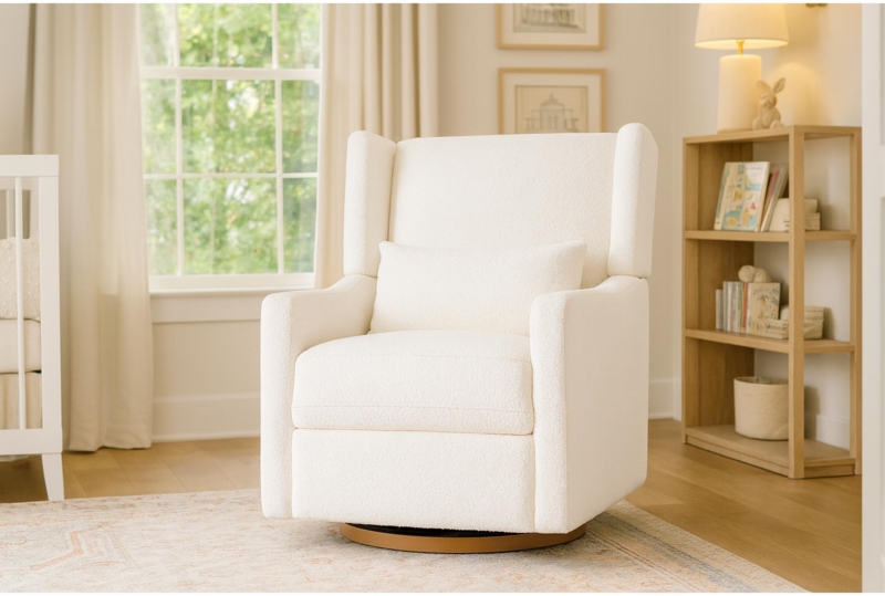 Nursery Glider with Circular Swivel Base, Creamy White Wingback Rocker