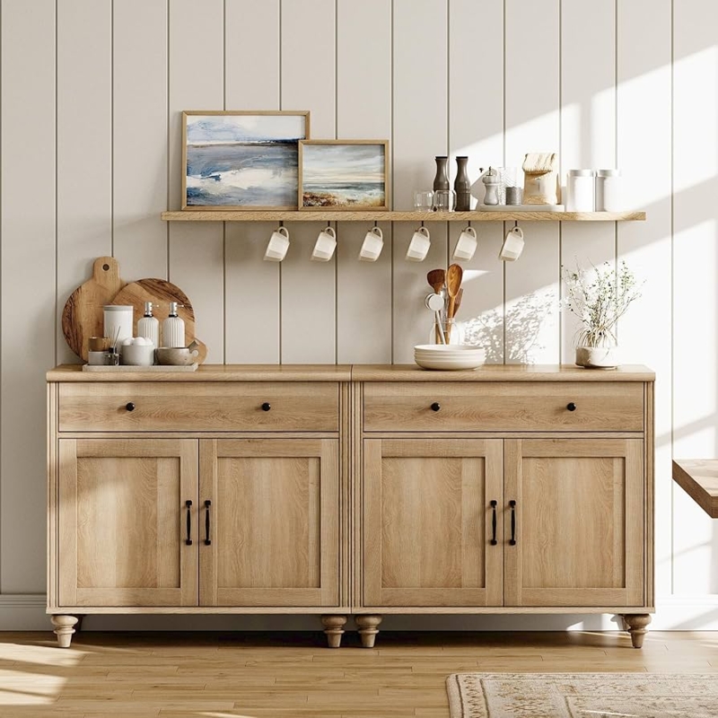Oak Buffet Cabinet with Bun Feet & Black Hardware