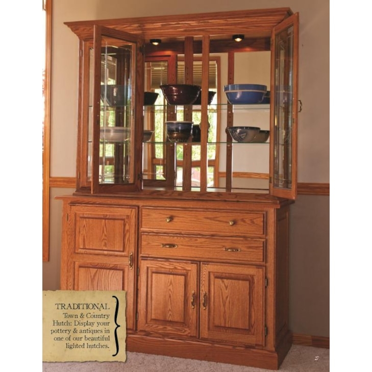 Oak China Hutch Warm Finish Heavy Crown Molding Detail Rustic Casual