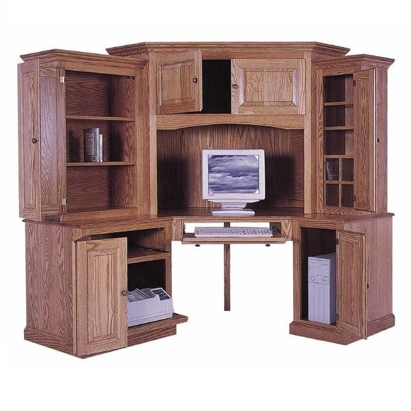 Oak Corner Desk with Hutch, Extensive Storage and Raised Panel Doors