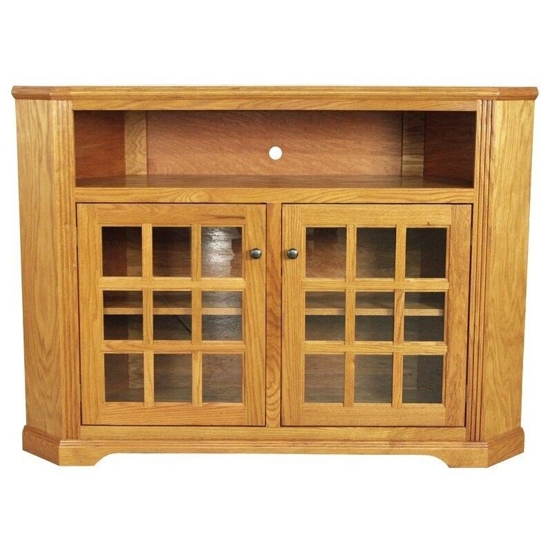 Oak Corner TV Stand with Grid Mullions on Glass Doors