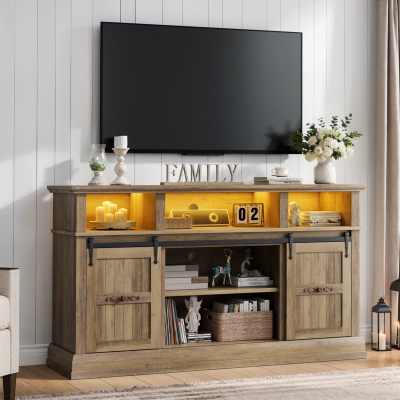 Oak Farmhouse TV Stand Warm LED Lights Sliding Barn Doors Tall Console
