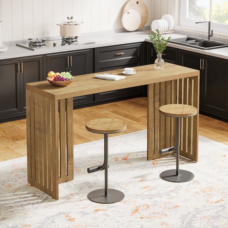 Oak Finish Bar Table: Louvered Slat Base & Slim Profile