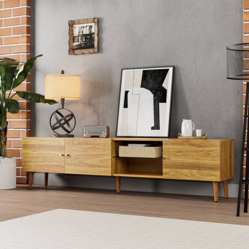 Oak Finish TV Cabinet Long Profile Sliding Doors Open Shelving