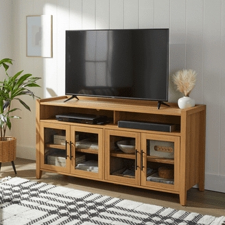 Oak Wood TV Stand Honey Finish Glass Doors Open Media Compartments
