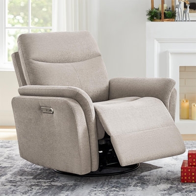 Oatmeal Textured Fabric Power Swivel Glider Recliner Chair