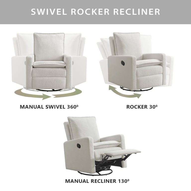 Off-White Boucle Glider Recliner with 360 Degree Swivel Base