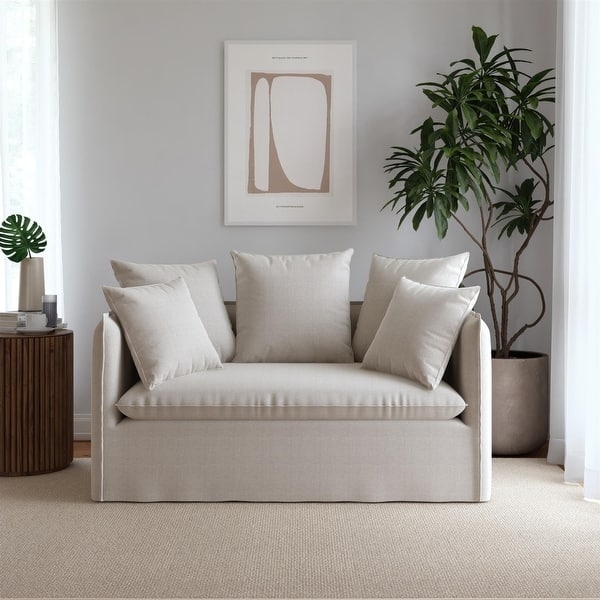 Off-White Canvas Loveseat with Bench Seat and Washable Slipcover