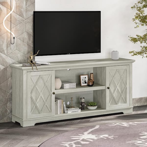 Off White Farmhouse TV Stand Diamond Pattern Doors 70 Inch