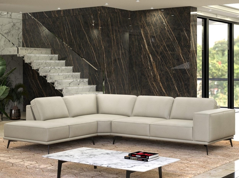 Off-White Leather-Like Sectional Sofa with Tapered Metal Legs