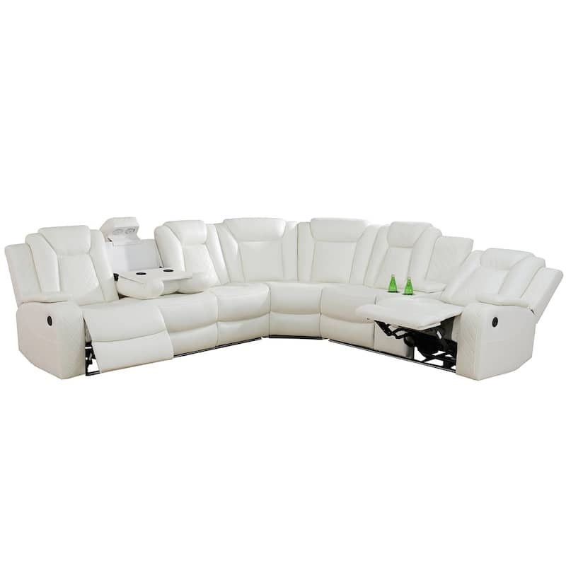 Off White Leather Sectional with Power Recline and Drop Down Console