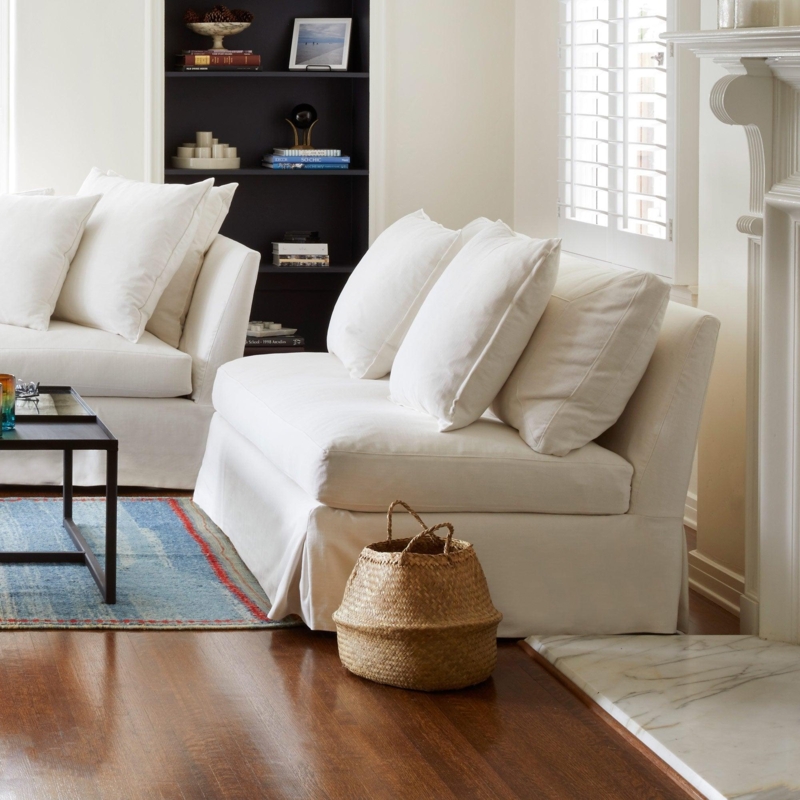 Off-White Linen-Like Armless Loveseat with Skirted Base