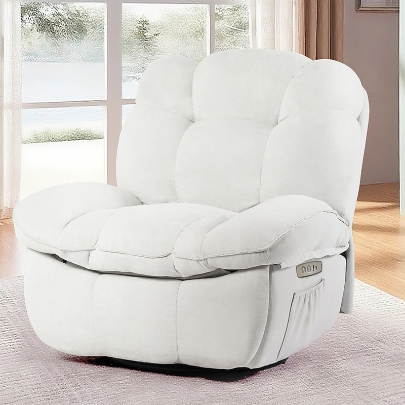 Off-White Recliner Chair with Swivel Rocker and Segmented Cushioning