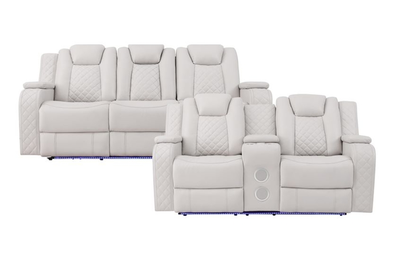 Off White Reclining Sofa Set with Diamond Quilting and LED Lights