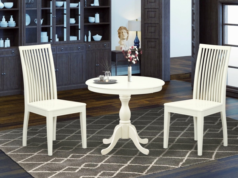 Off-White Round Dining Set Pedestal Table Slat Back Chairs 3-Piece