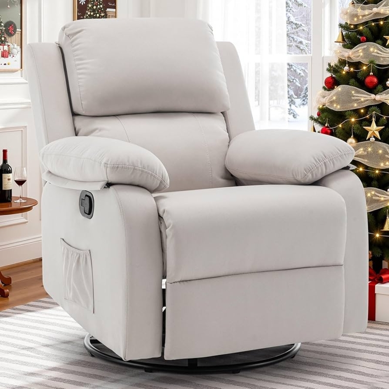 Off-White Swivel Rocker Recliner with Overstuffed Arms and Pocket