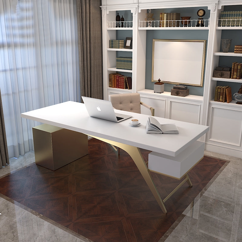 Office Desk White and Gold Asymmetrical Base Floating Drawer Glam Style