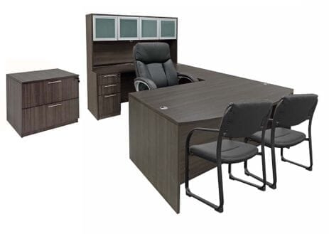 Office Furniture Set Charcoal U Shaped Desk Hutch Frosted Glass