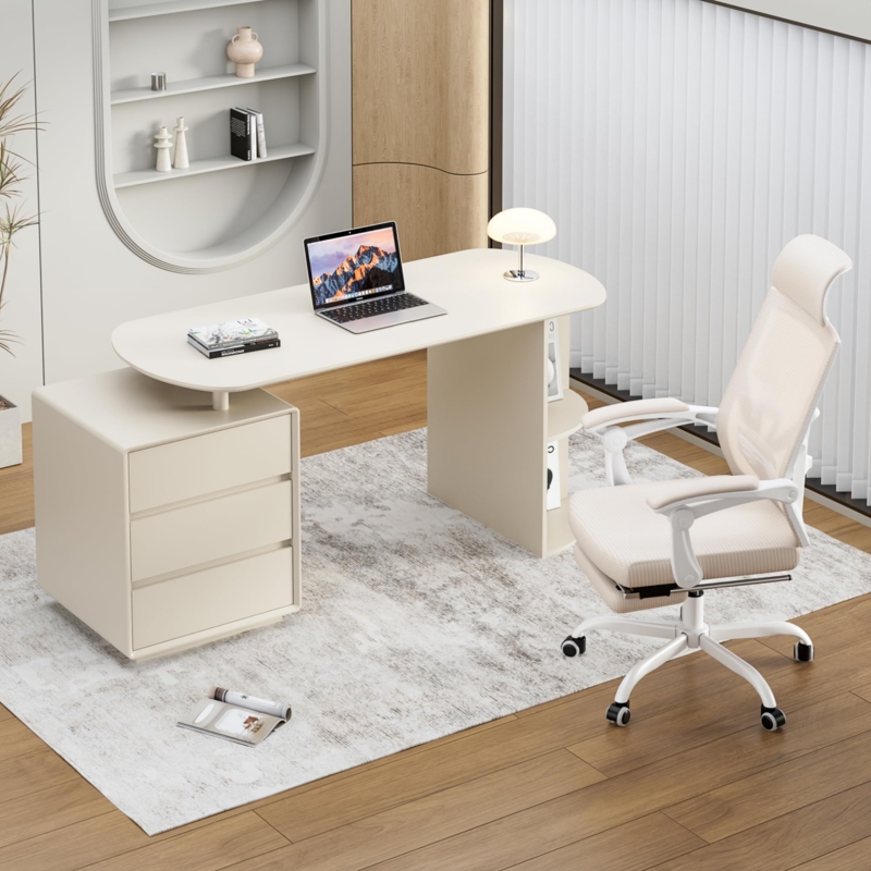 Office Set Cream Rounded Top Desk Ergonomic Mesh Chair Minimalist
