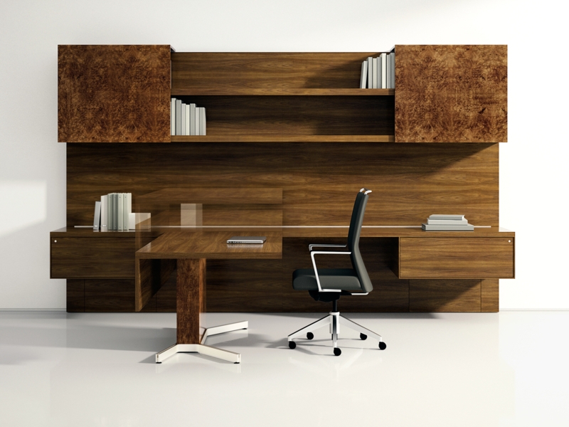 Office Suite Sit-Stand Functionality Burl Wood Accents Floating Cabinetry