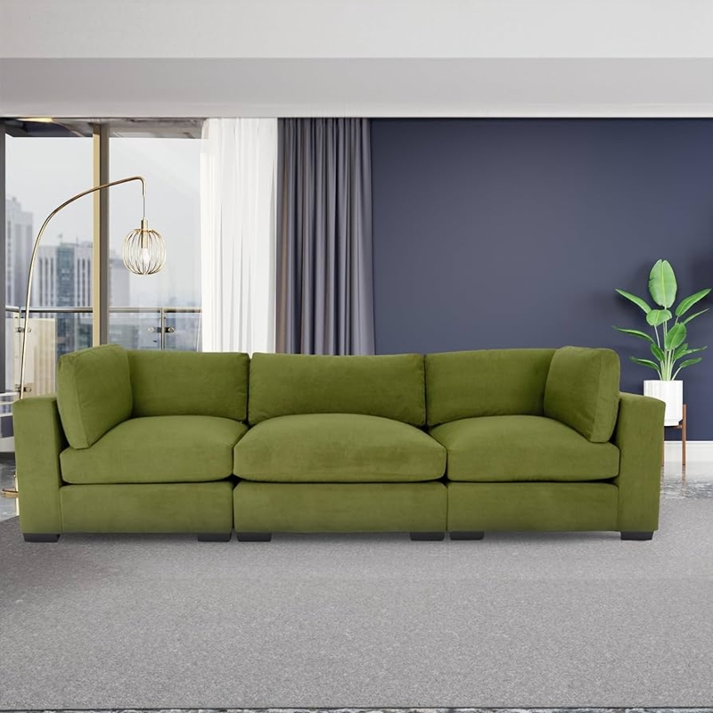 Olive Green 3 Seater Sofa with Blocky Silhouette