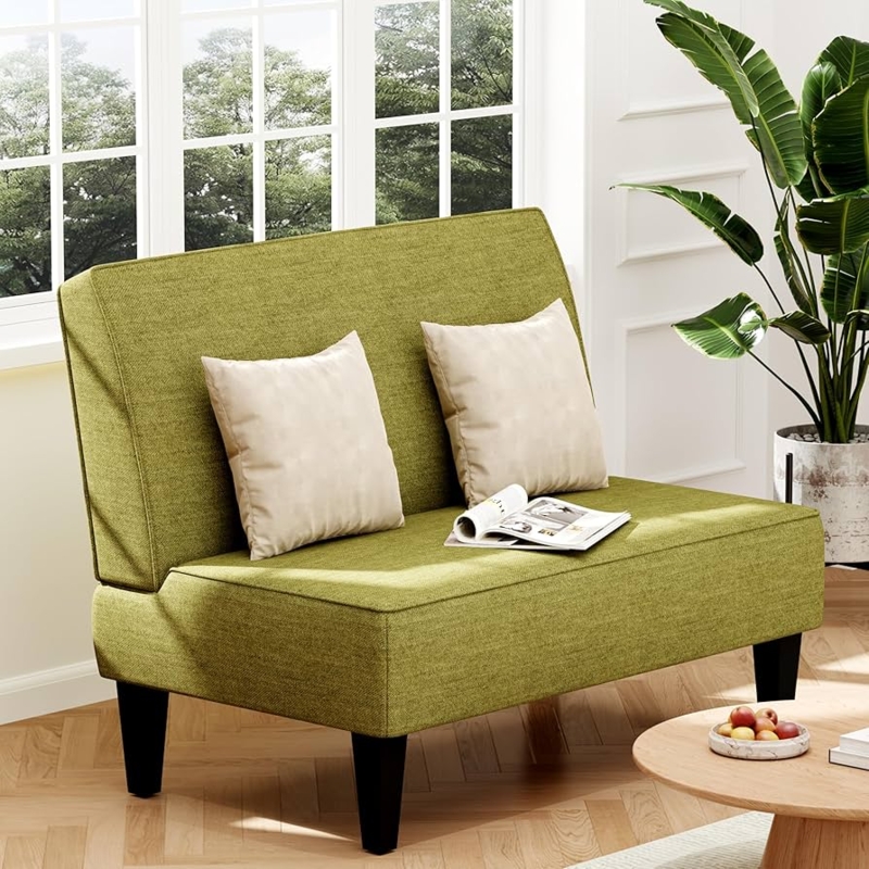 Olive Green Armless Loveseat with Tapered Wood Legs