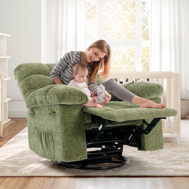 Olive Green Swivel Recliner with Ribbed Fabric and Overstuffed Design