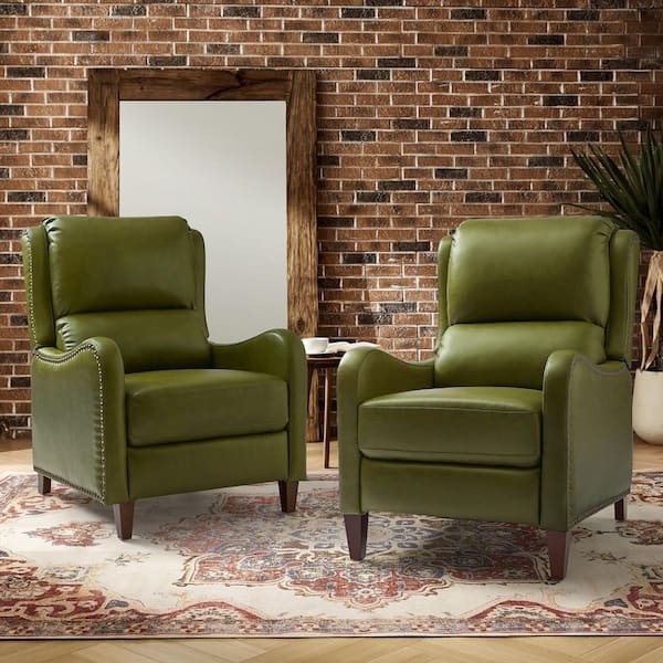 Olive Leather Wingback Recliner Set Silver Nailhead Trim Retro