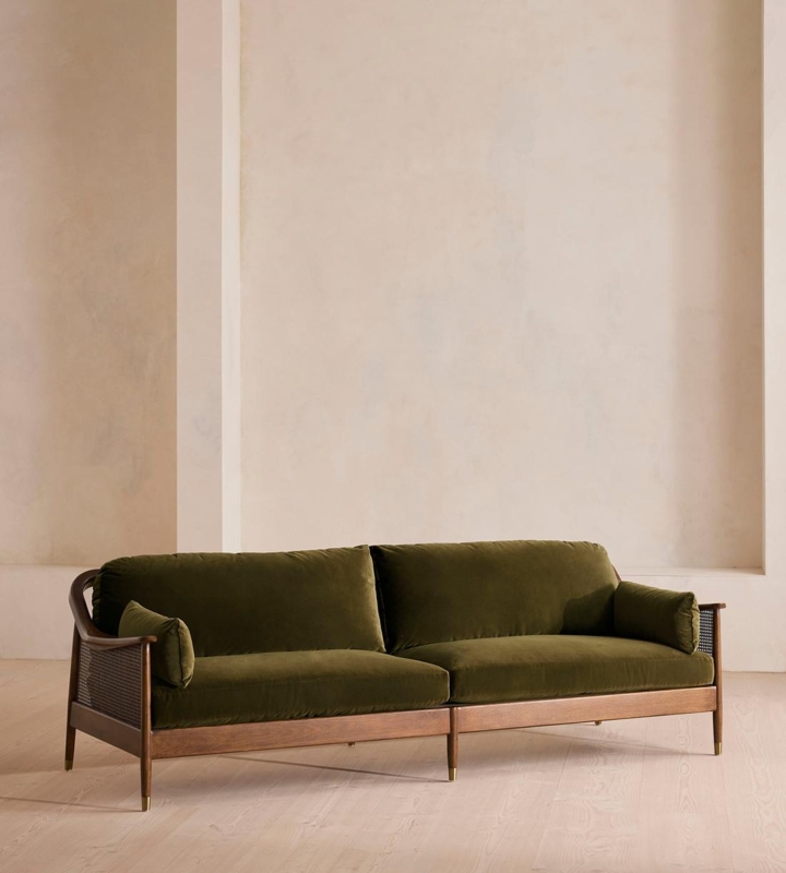 Olive Velvet Four-Seater Sofa with Cane Panels & Brass Legs