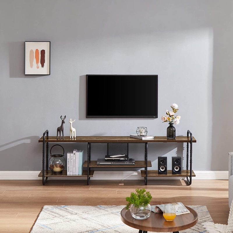 Open Shelf Entertainment Center with Industrial Pipe Frame