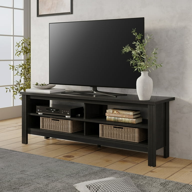 Open Shelf Media Console Slatted Pillar Legs Matte Black Finish