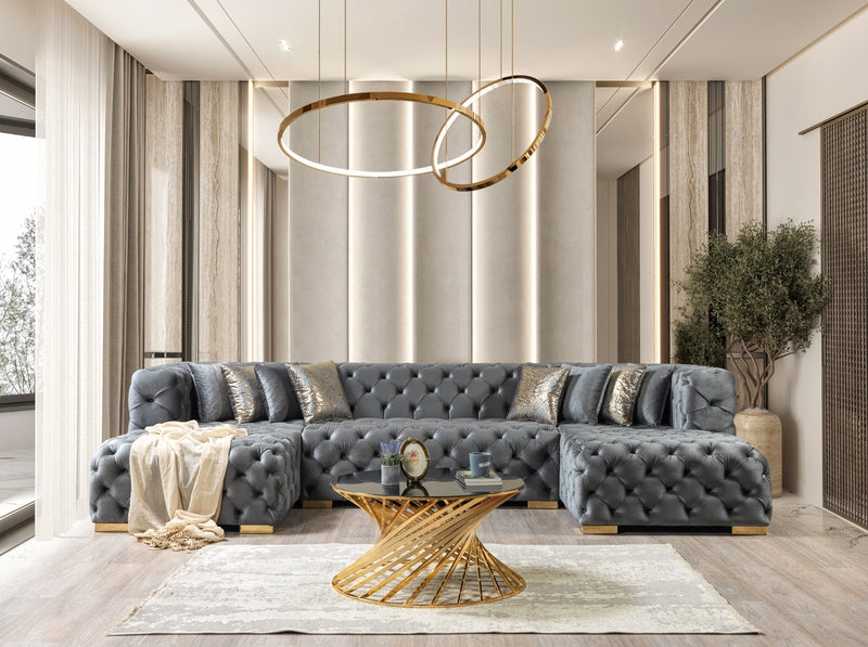 Opulent Double Chaise Sectional with Deep Diamond Tufting
